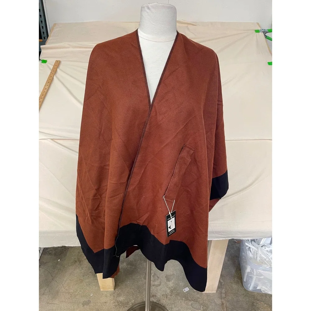 Unbranded Reversible Colorblock Poncho Wrap Rust Brown Black One Size NWT